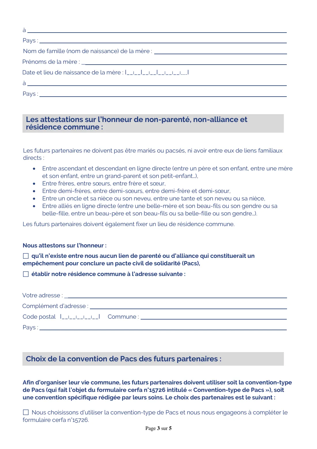 Cerfa 15725 - joint PACS declaration (2026) Joint PACS declaration and sworn statements (Déclaration conjointe d'un pacte civil de solidarité (Pacs) et attestations sur l'honneur de non-parenté, non-alliance et résidence commune) — page 3 of 5
