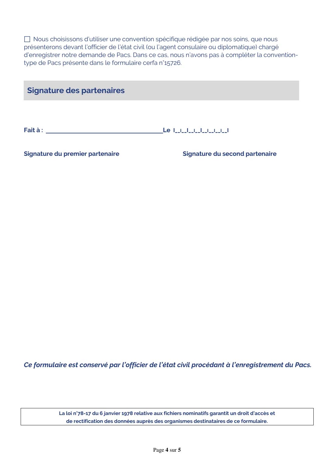Cerfa 15725 - joint PACS declaration (2026) Joint PACS declaration and sworn statements (Déclaration conjointe d'un pacte civil de solidarité (Pacs) et attestations sur l'honneur de non-parenté, non-alliance et résidence commune) — page 4 of 5