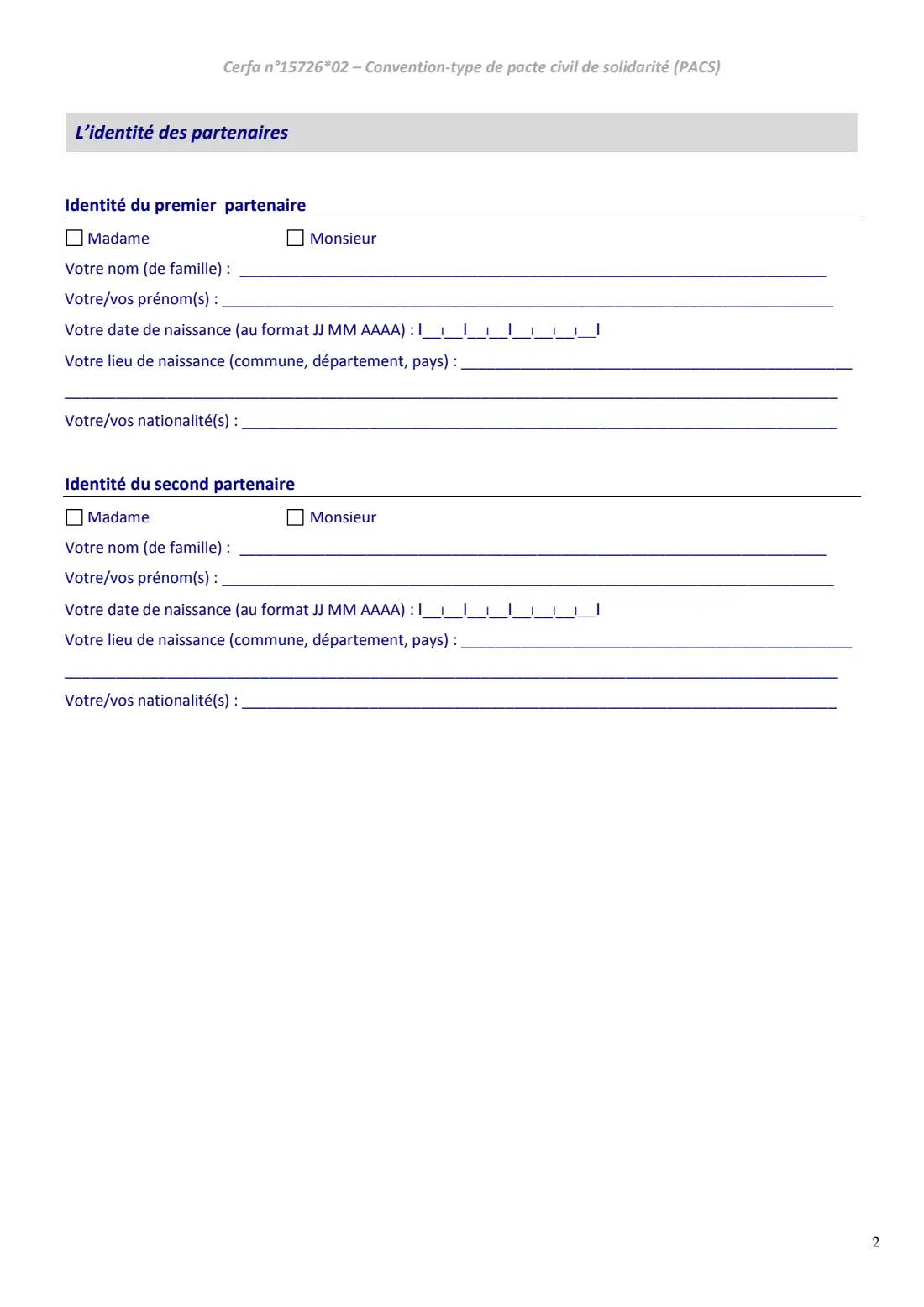 Cerfa 15726 - standard PACS agreement (2017) Cerfa 15726*02 Convention-type de pacte civil de solidarité (PACS standard agreement) — page 2 of 4