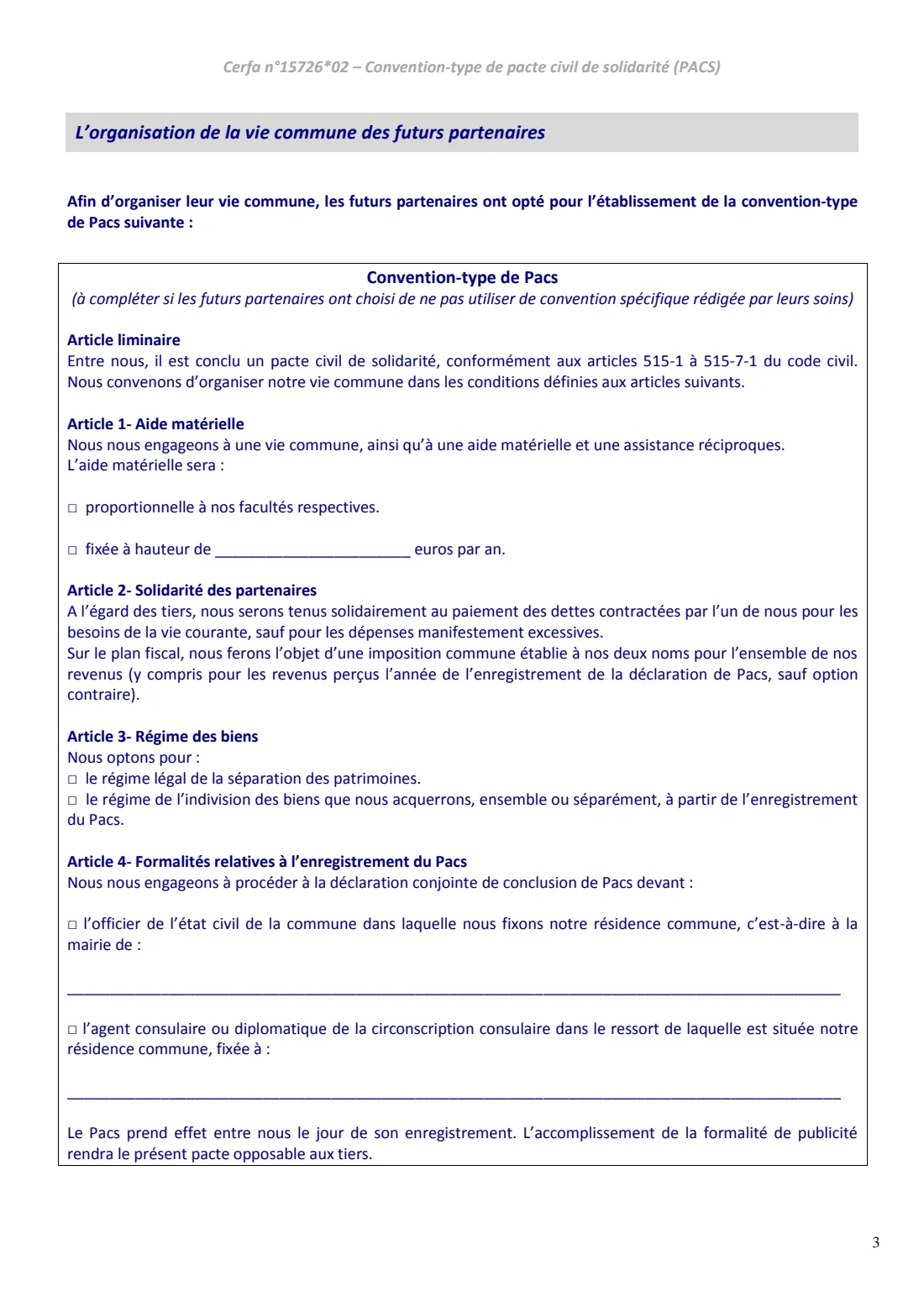 Cerfa 15726 - standard PACS agreement (2017) Cerfa 15726*02 Convention-type de pacte civil de solidarité (PACS standard agreement) — page 3 of 4