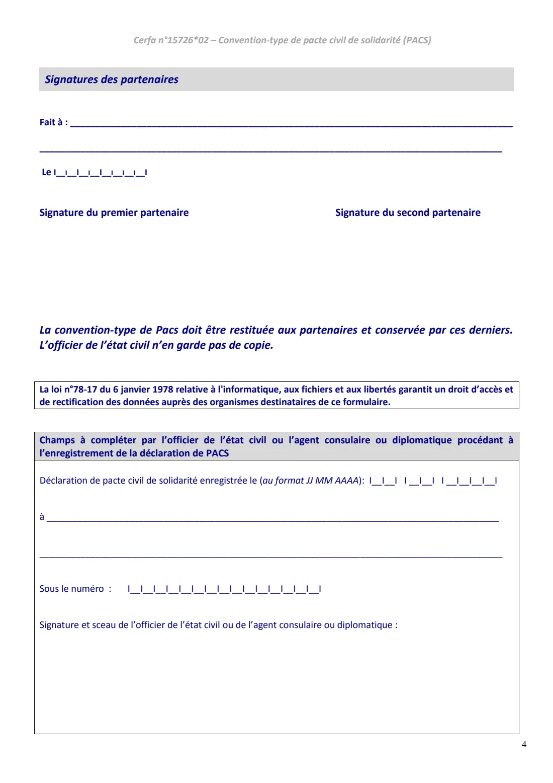 Cerfa 15726 - standard PACS agreement (2017) Cerfa 15726*02 Convention-type de pacte civil de solidarité (PACS standard agreement) — page 4 of 4
