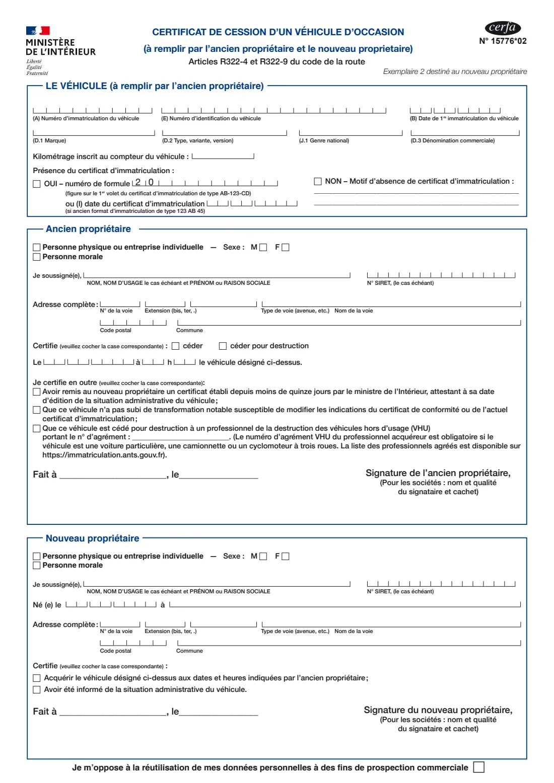 Cerfa 15776 — used-vehicle transfer certificate (2026) Certificat de cession d'un véhicule d'occasion — page 2 of 2
