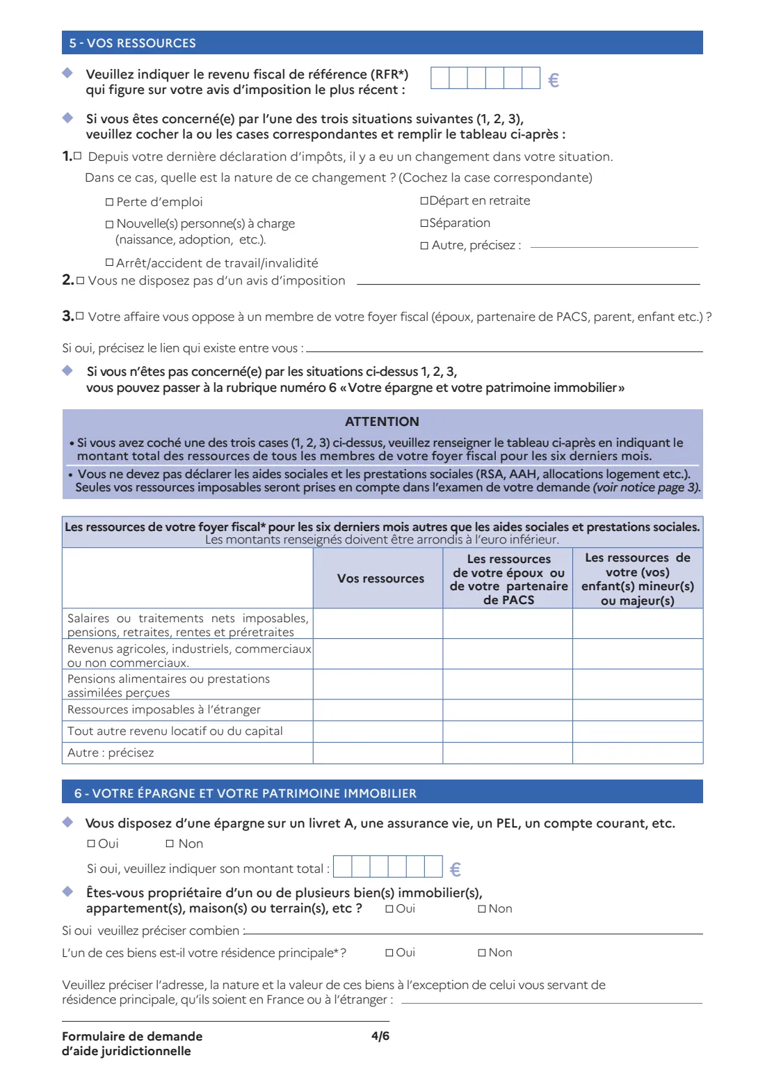 Cerfa 16146 - legal aid application (2026) Application for legal aid (Formulaire de demande d'aide juridictionnelle) — page 4 of 6