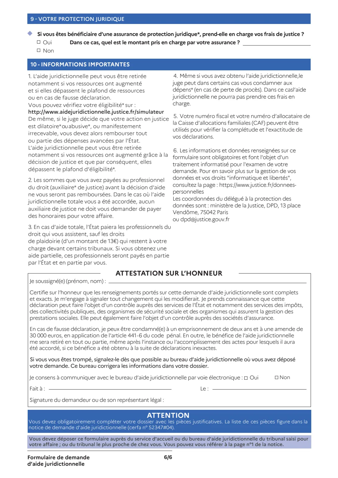 Cerfa 16146 - legal aid application (2026) Application for legal aid (Formulaire de demande d'aide juridictionnelle) — page 6 of 6