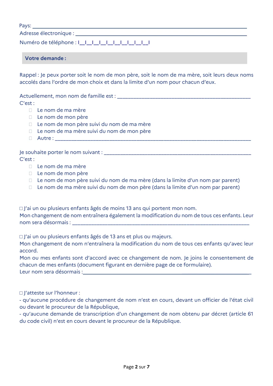 Cerfa 16229 - change of surname (2026) Application to change your family name, simplified procedure (Demande de changement de nom de famille, article 61-3-1 alinéa 1er du code civil) — page 2 of 7