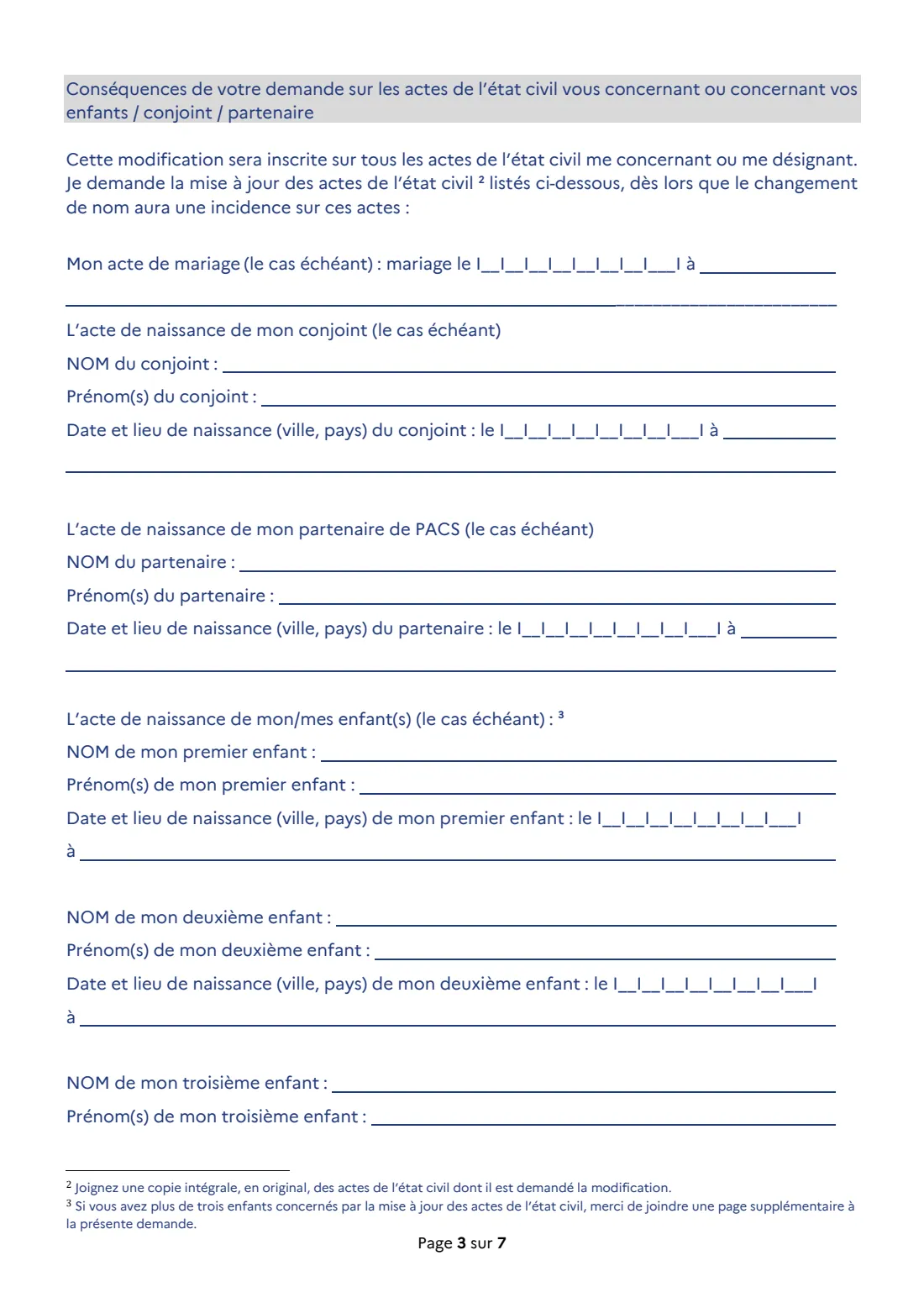 Cerfa 16229 - change of surname (2026) Application to change your family name, simplified procedure (Demande de changement de nom de famille, article 61-3-1 alinéa 1er du code civil) — page 3 of 7