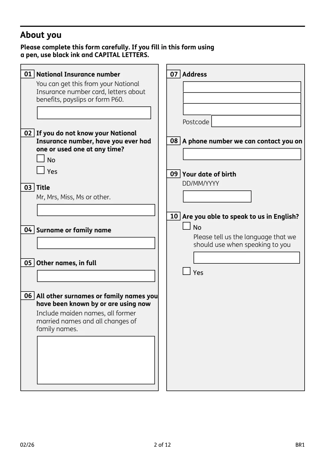 BR1 State Pension claim (2026) Get your State Pension (State Pension claim form) — page 2 of 12