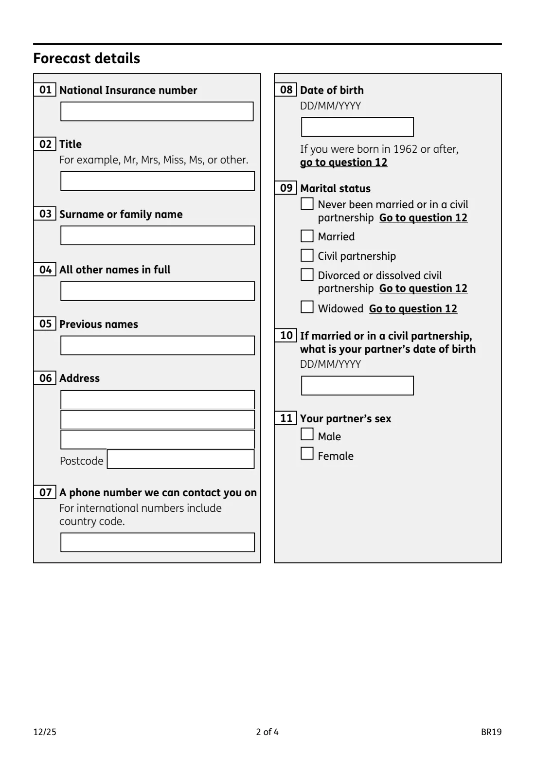 BR19 State Pension forecast (2025) Application for a State Pension forecast — page 2 of 4