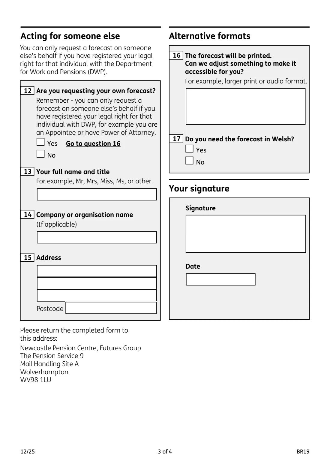BR19 State Pension forecast (2025) Application for a State Pension forecast — page 3 of 4