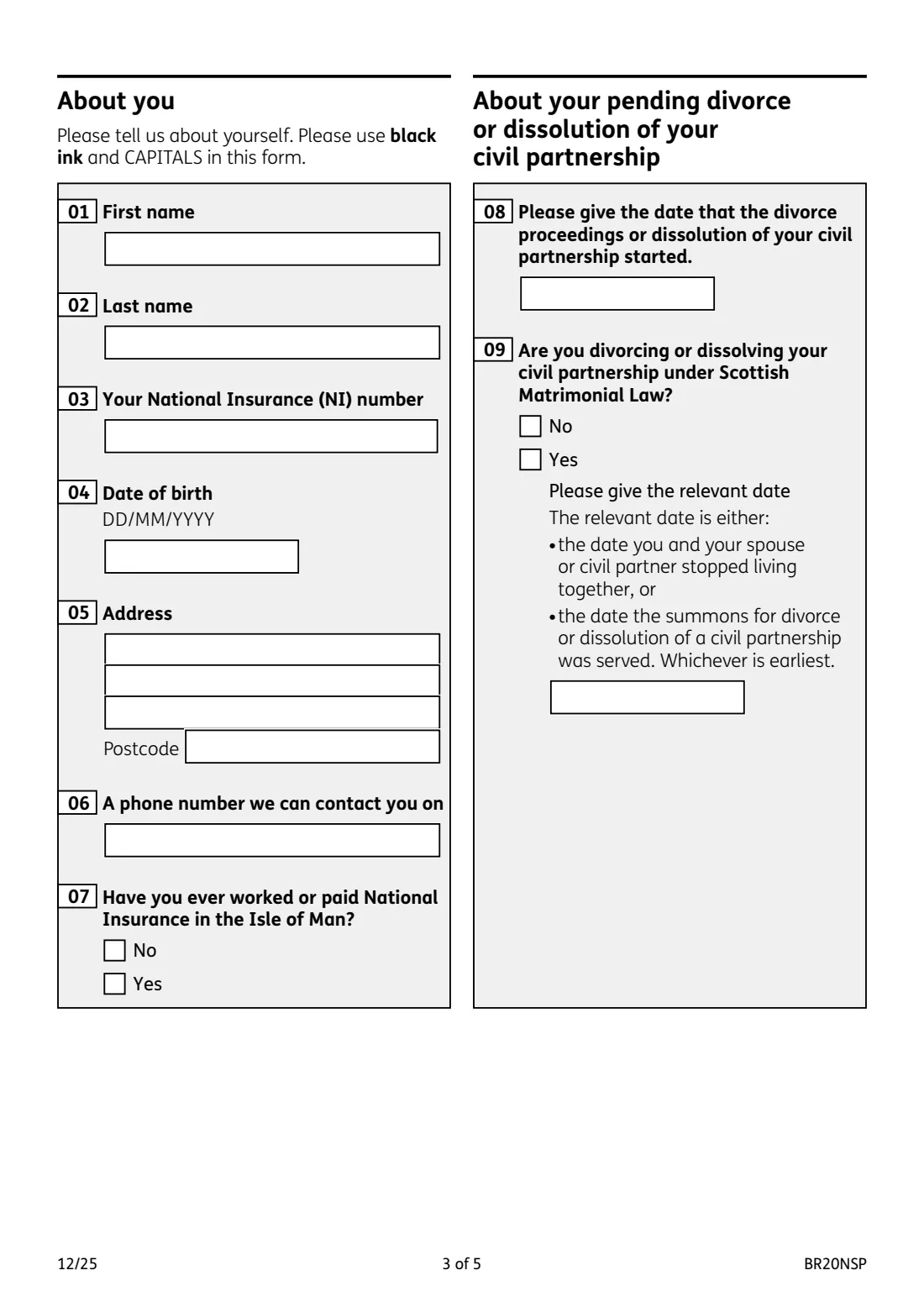 BR20NSP State Pension valuation on divorce (2025) State Pensions and divorce or dissolution: application for a valuation — page 3 of 5