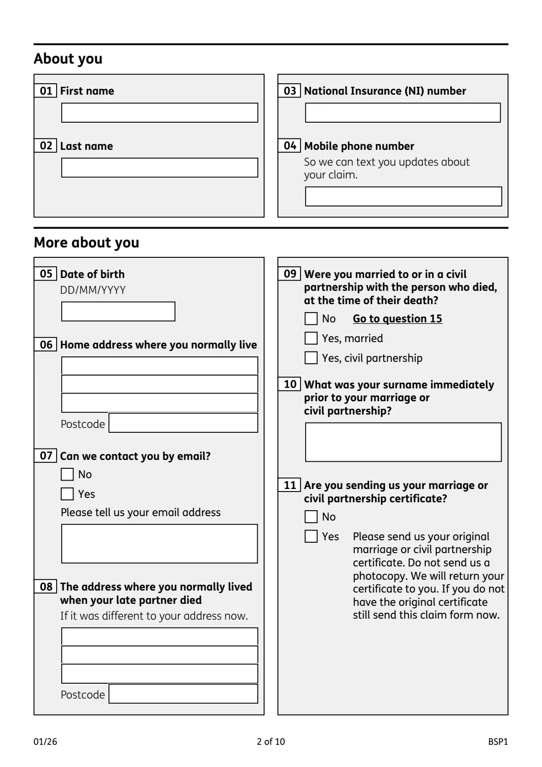 BSP1 Bereavement Support Payment (2026) Bereavement Support Payment claim form — page 2 of 10