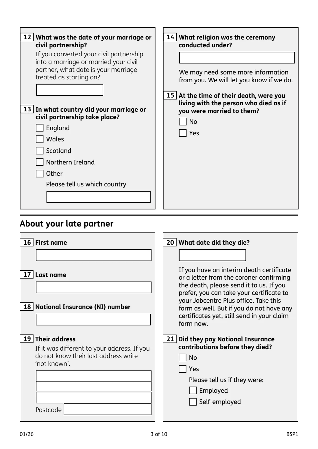 BSP1 Bereavement Support Payment (2026) Bereavement Support Payment claim form — page 3 of 10