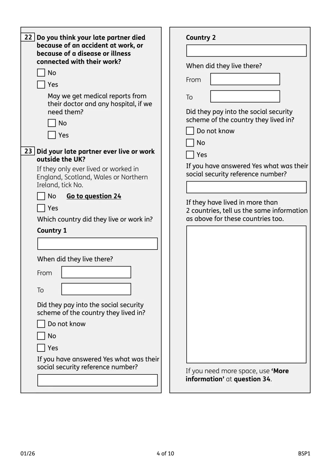 BSP1 Bereavement Support Payment (2026) Bereavement Support Payment claim form — page 4 of 10