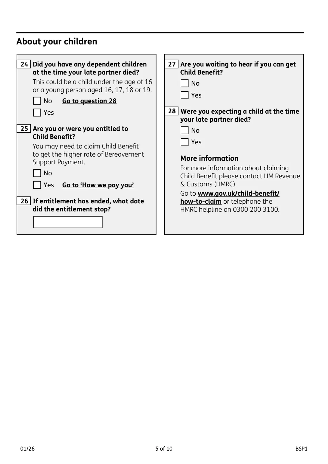 BSP1 Bereavement Support Payment (2026) Bereavement Support Payment claim form — page 5 of 10
