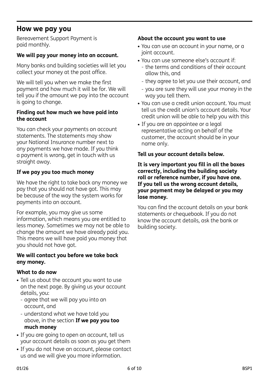 BSP1 Bereavement Support Payment (2026) Bereavement Support Payment claim form — page 6 of 10
