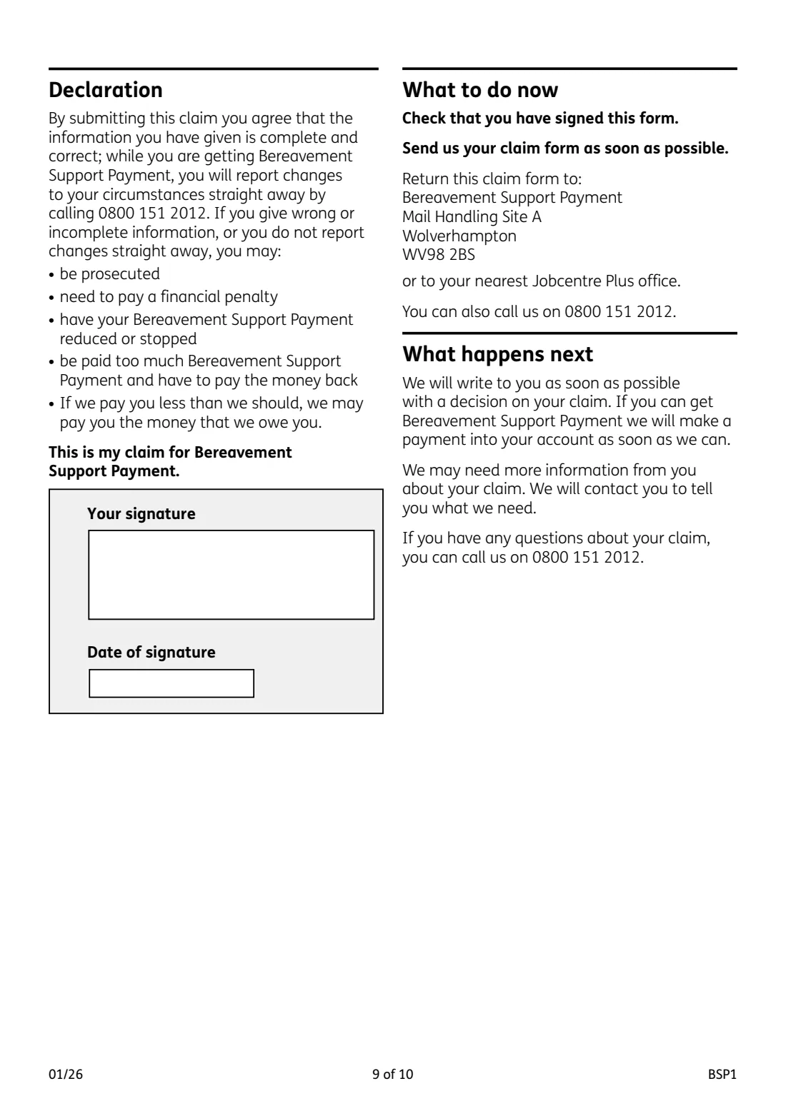 BSP1 Bereavement Support Payment (2026) Bereavement Support Payment claim form — page 9 of 10