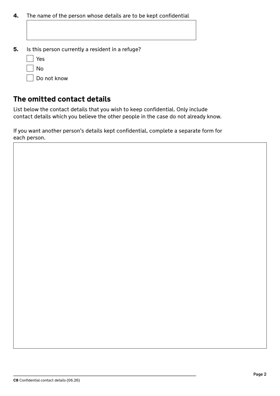 C8 confidential contact details (2026) Confidential contact details (Family Procedure Rules 2010 rule 29.1) — page 2 of 3