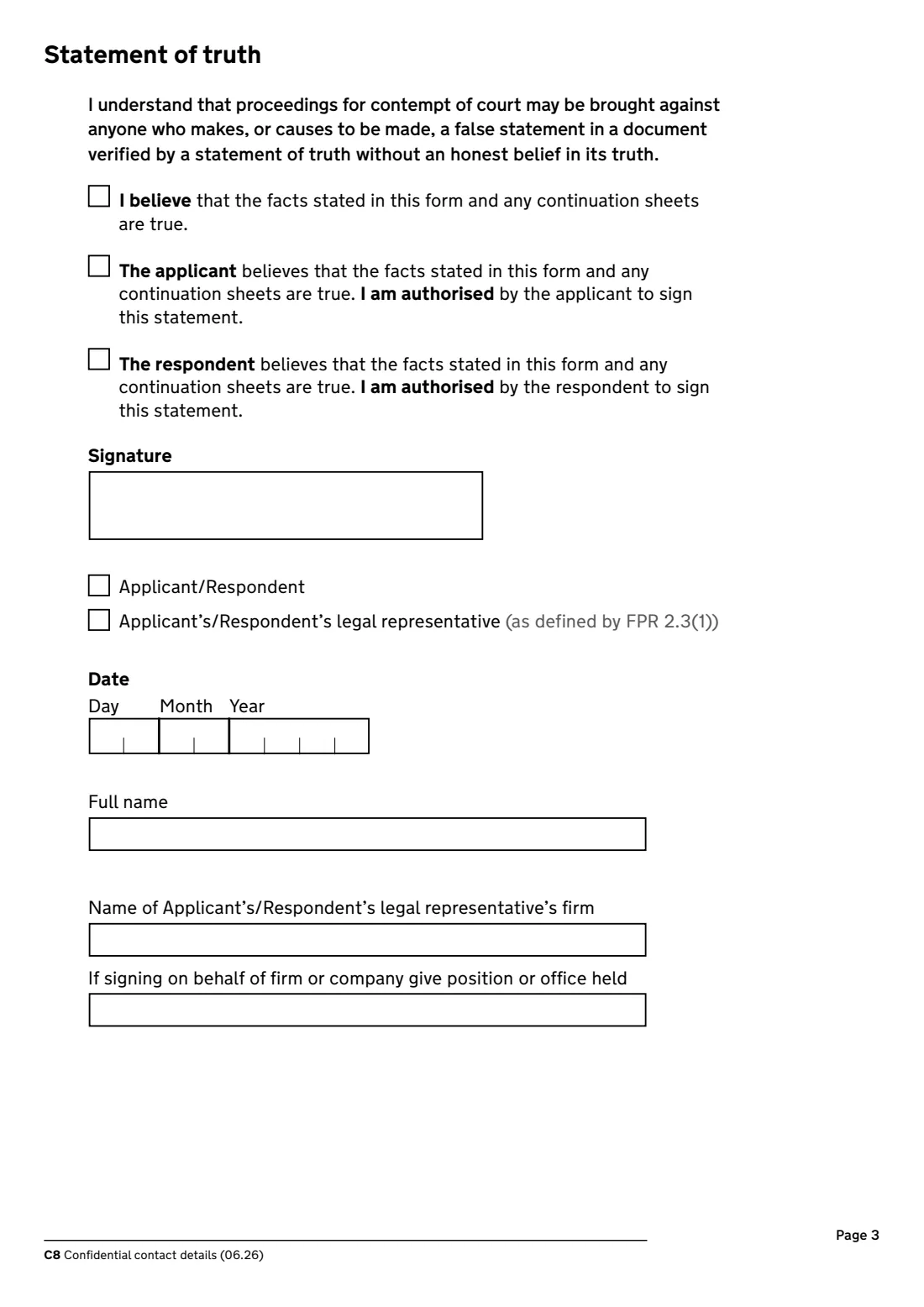 C8 confidential contact details (2026) Confidential contact details (Family Procedure Rules 2010 rule 29.1) — page 3 of 3