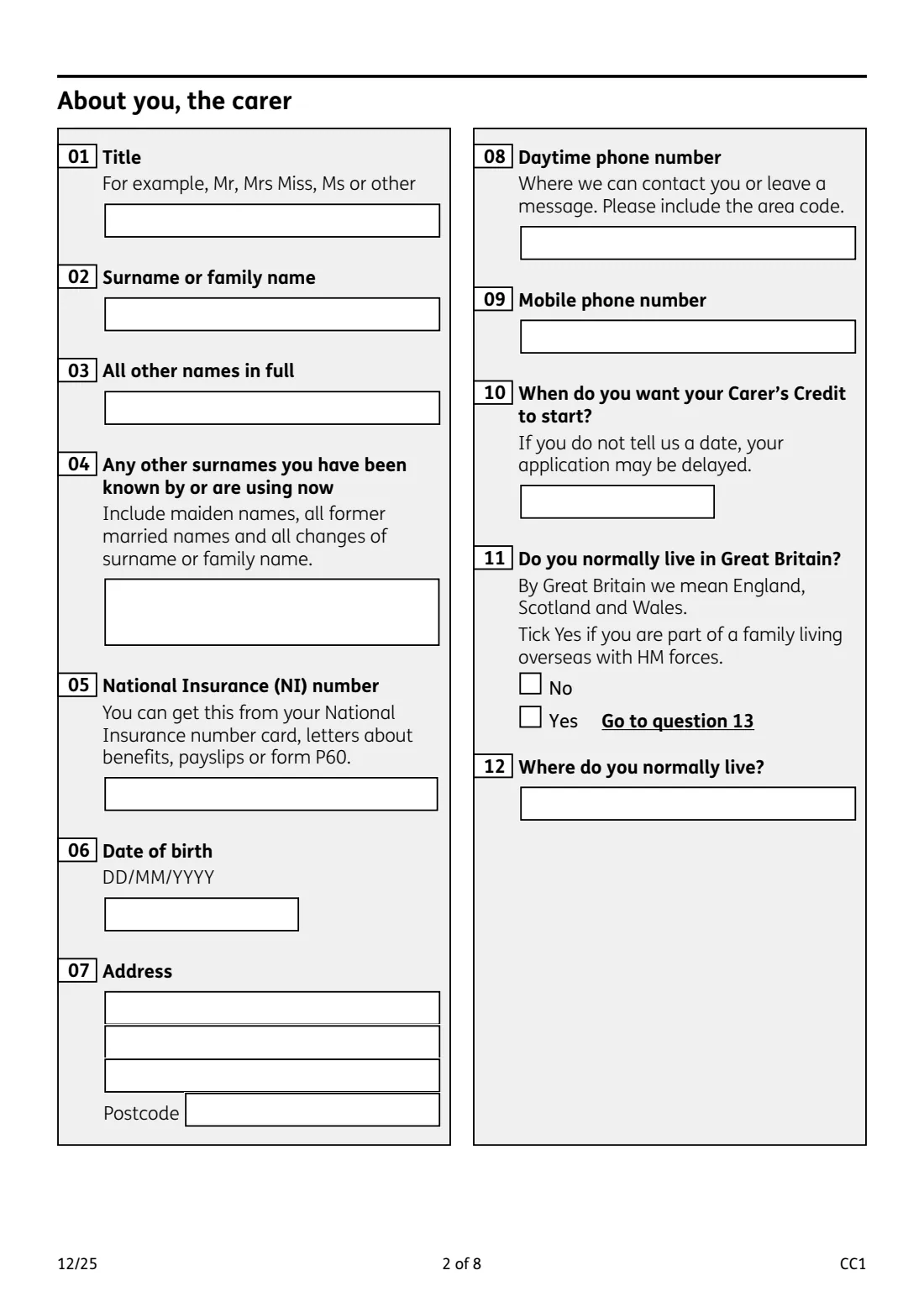 CC1 Carer's Credit application (2025) Carer's Credit application form (CC1) — page 2 of 8
