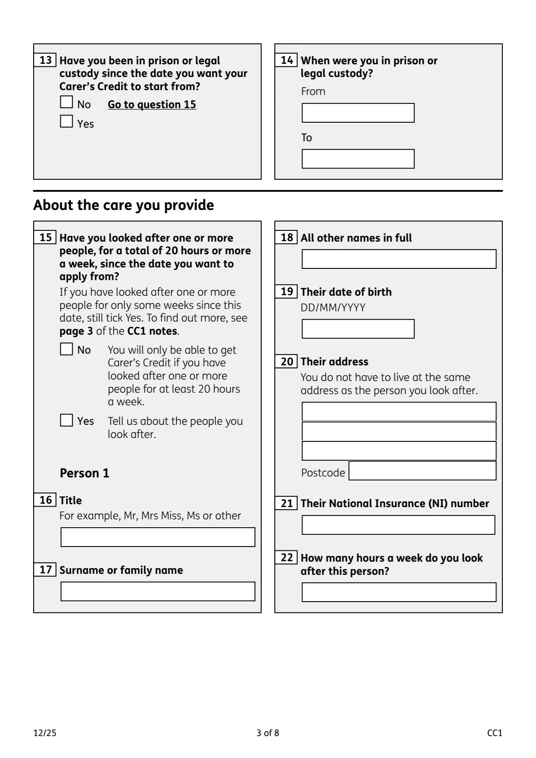 CC1 Carer's Credit application (2025) Carer's Credit application form (CC1) — page 3 of 8