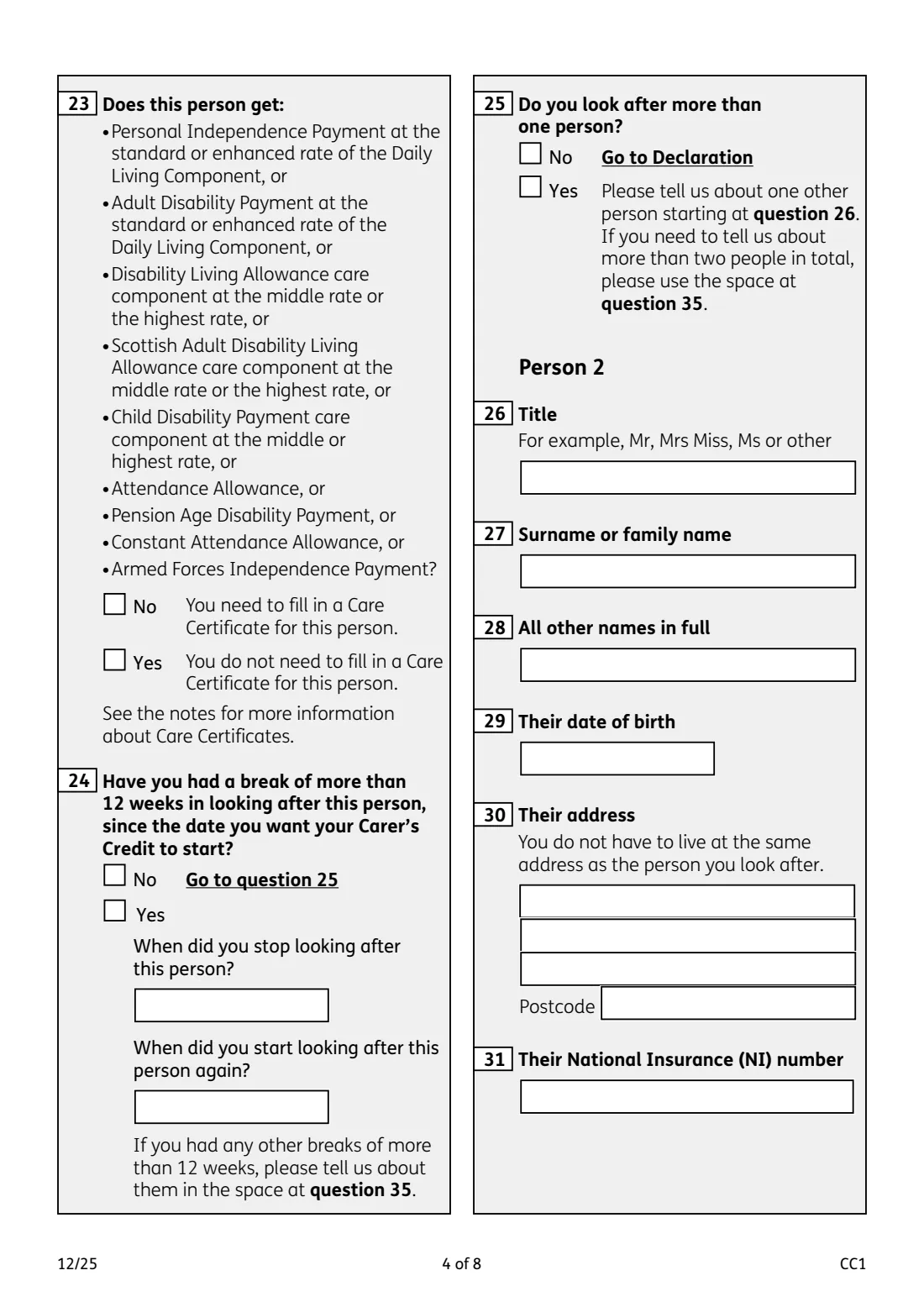 CC1 Carer's Credit application (2025) Carer's Credit application form (CC1) — page 4 of 8