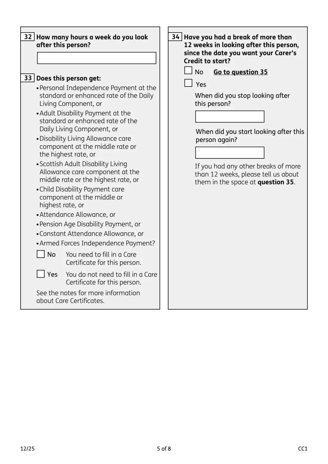 CC1 Carer's Credit application (2025) Carer's Credit application form (CC1) — page 5 of 8