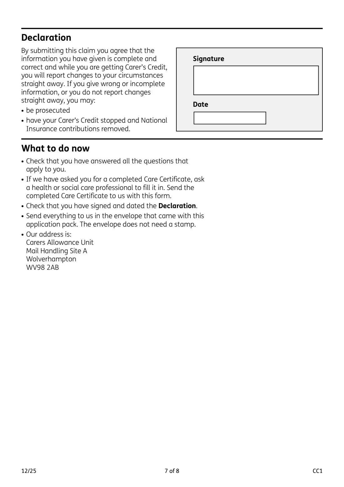 CC1 Carer's Credit application (2025) Carer's Credit application form (CC1) — page 7 of 8