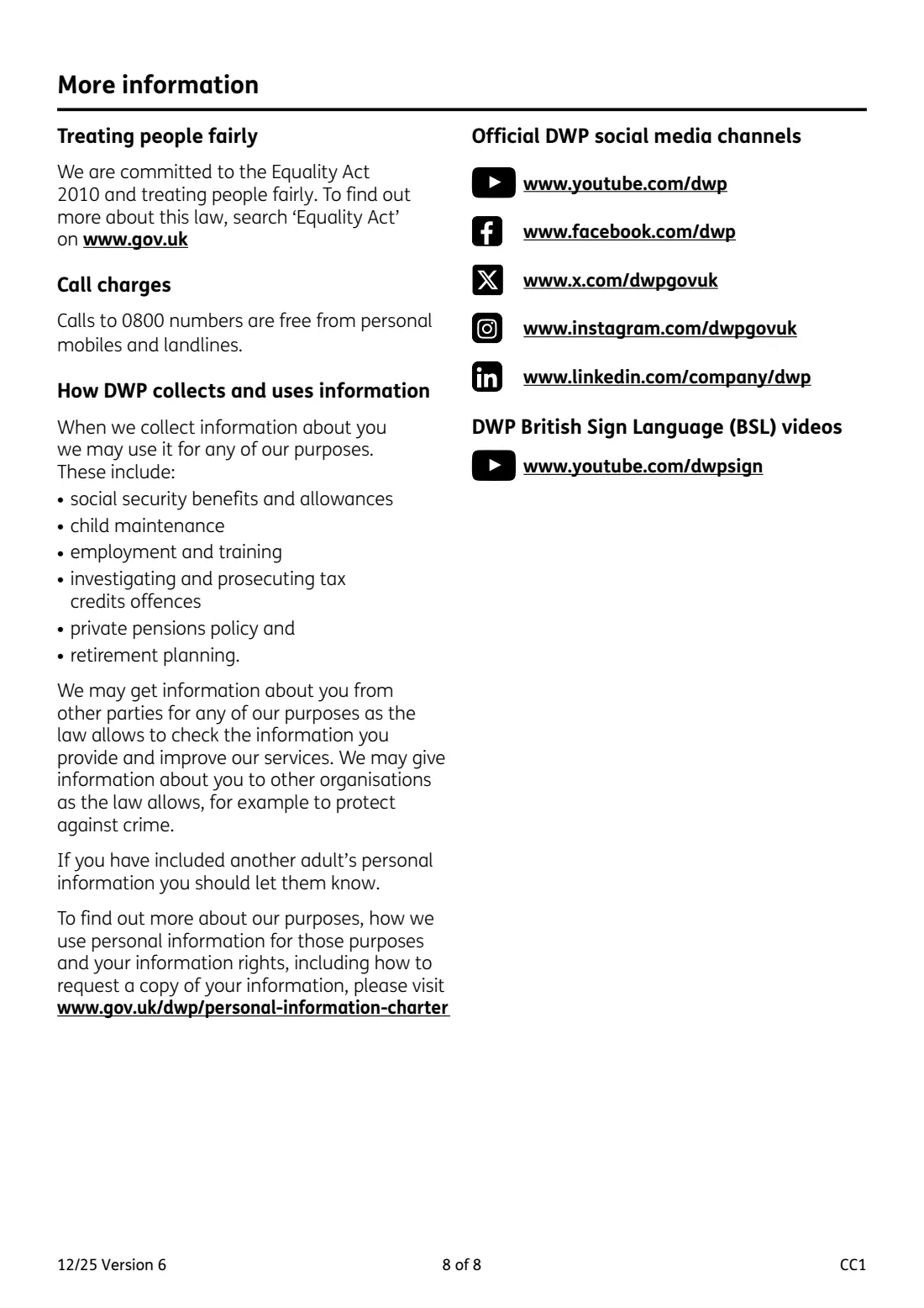 CC1 Carer's Credit application (2025) Carer's Credit application form (CC1) — page 8 of 8
