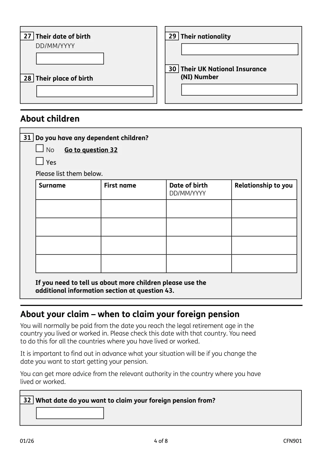 CFN901 EEA and Swiss pension claim (2026) European Economic Area and Switzerland Pension claim form — page 4 of 8