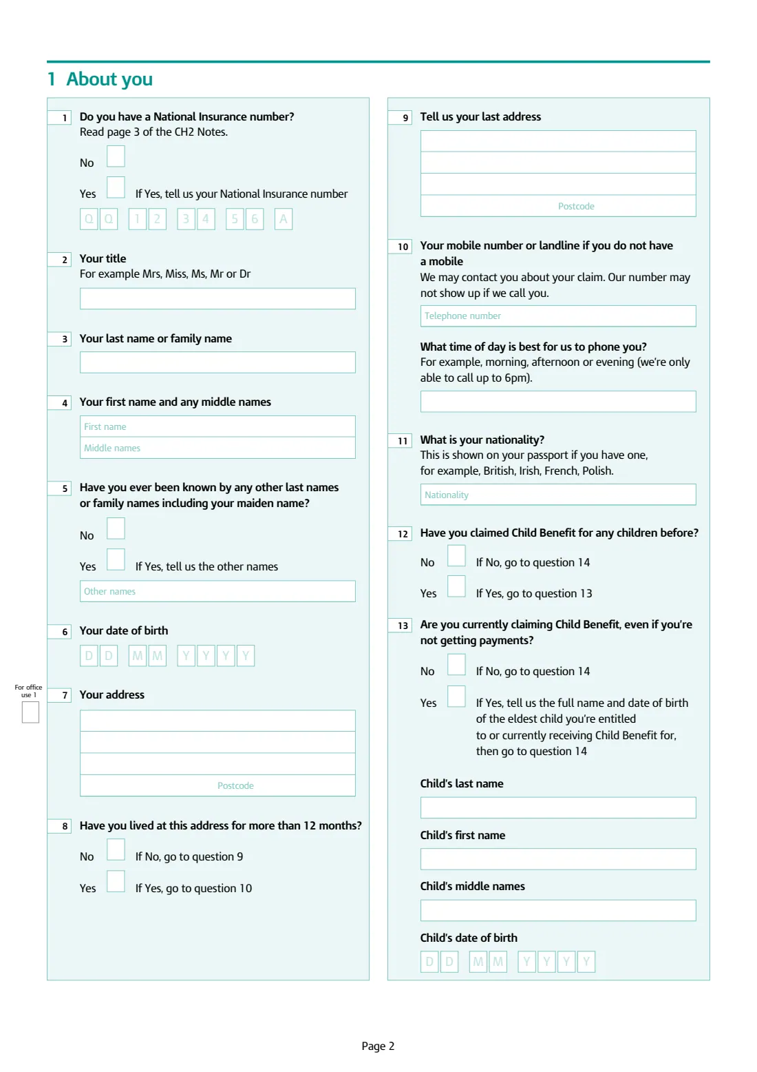 CH2 Child Benefit claim (2026) Child Benefit claim form — page 2 of 9