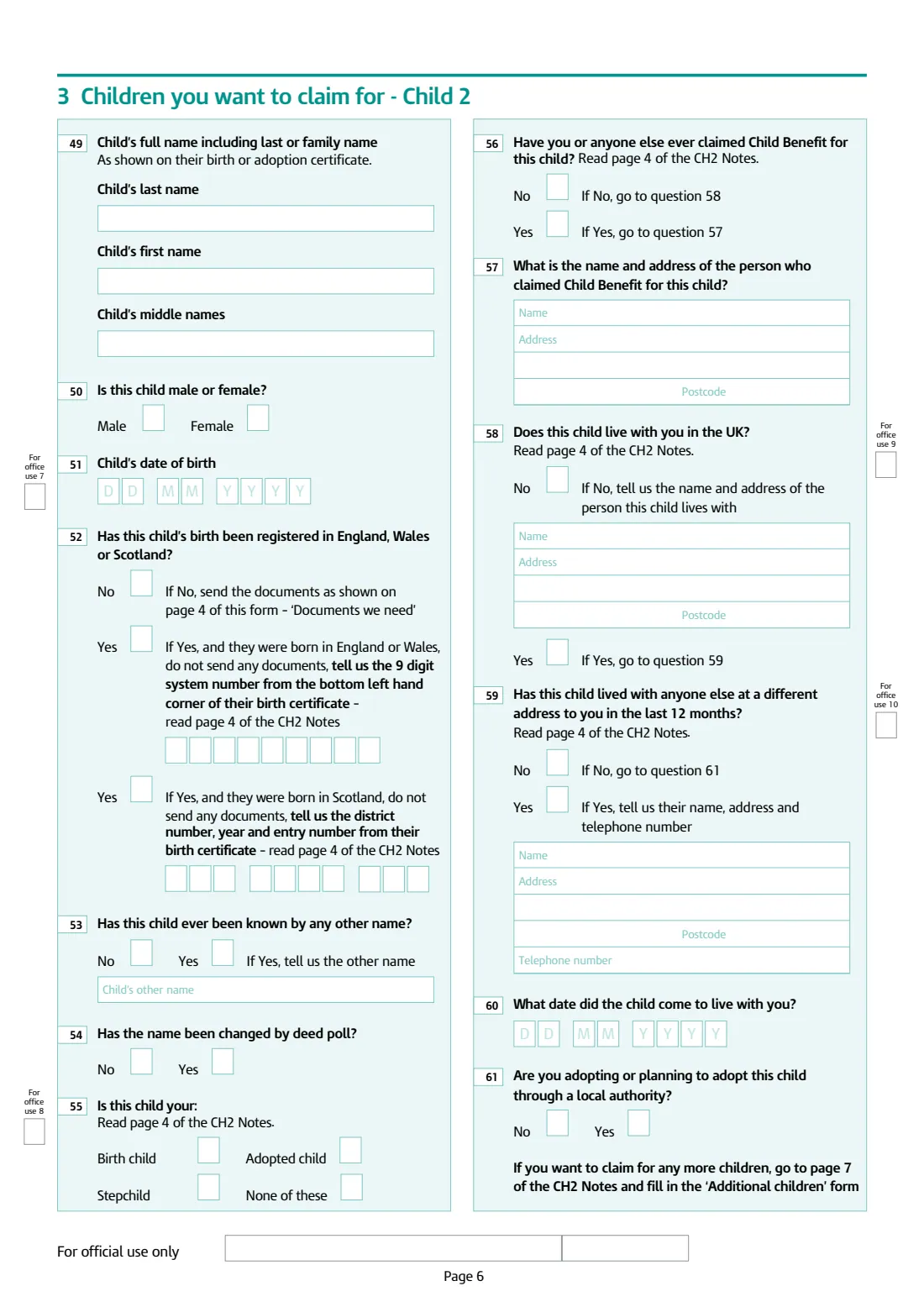 CH2 Child Benefit claim (2026) Child Benefit claim form — page 6 of 9