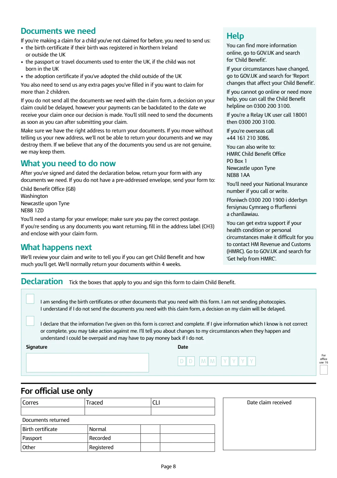 CH2 Child Benefit claim (2026) Child Benefit claim form — page 8 of 9