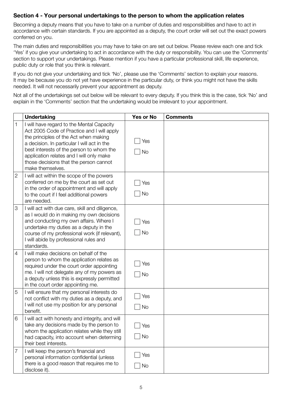 Form COP4 (2015) Court of Protection: Deputy's declaration — page 5 of 8
