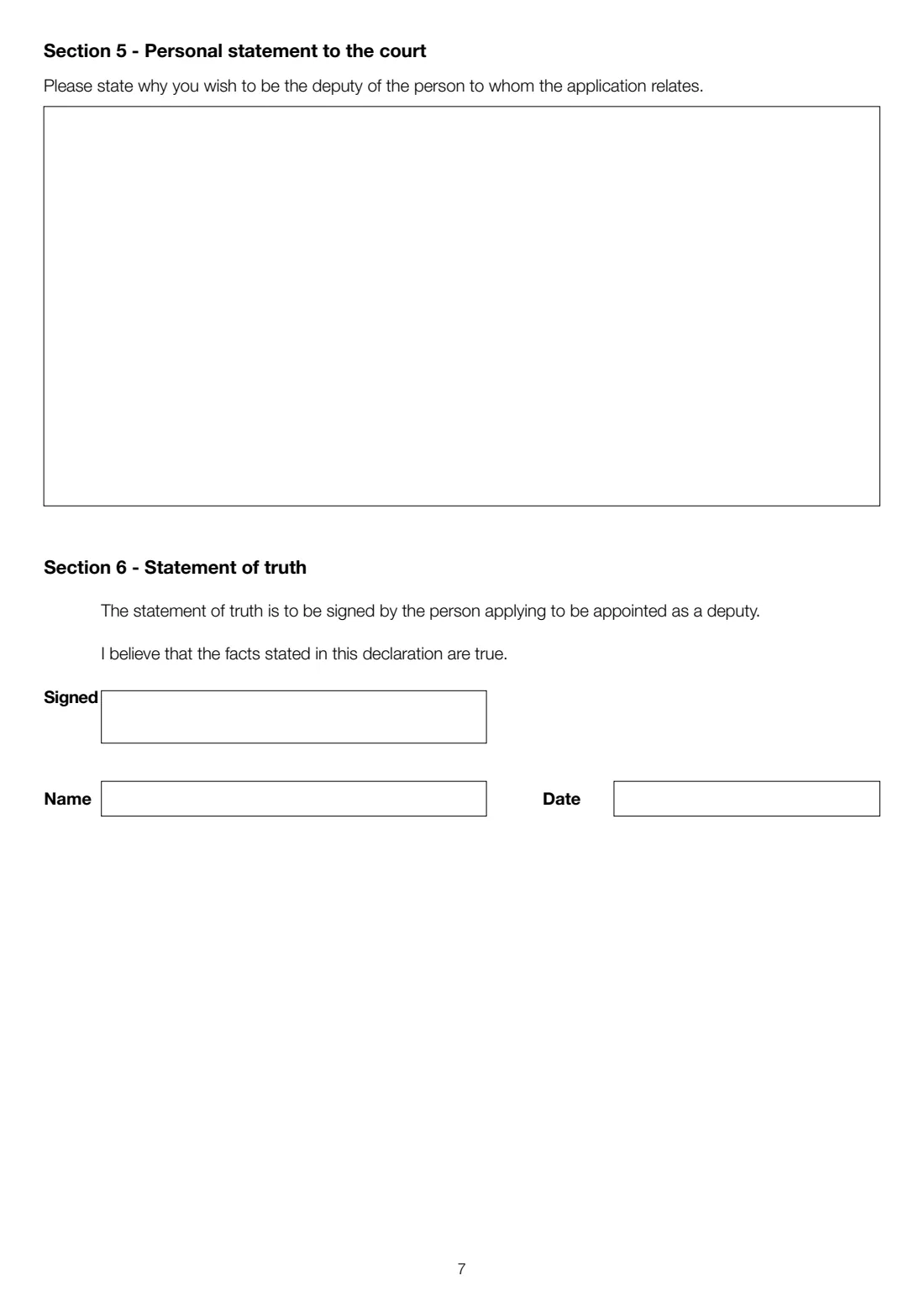 Form COP4 (2015) Court of Protection: Deputy's declaration — page 7 of 8