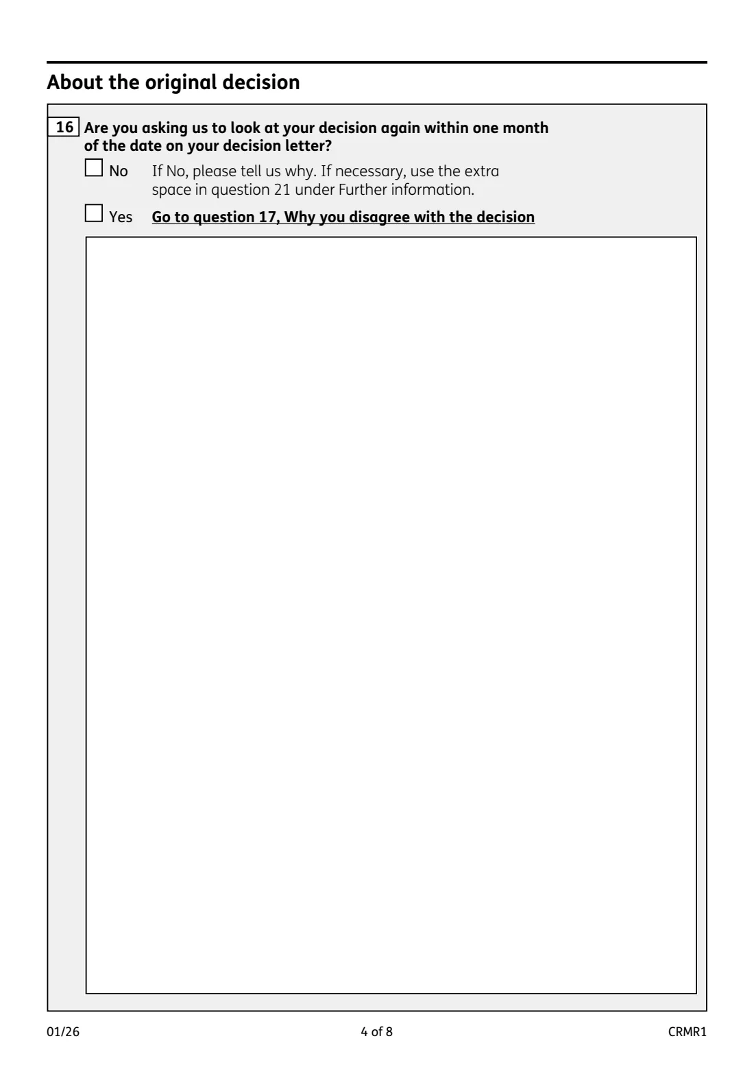CRMR1 Mandatory reconsideration request (2026) If you disagree with a decision made by the Department for Work and Pensions (mandatory reconsideration request) — page 4 of 8