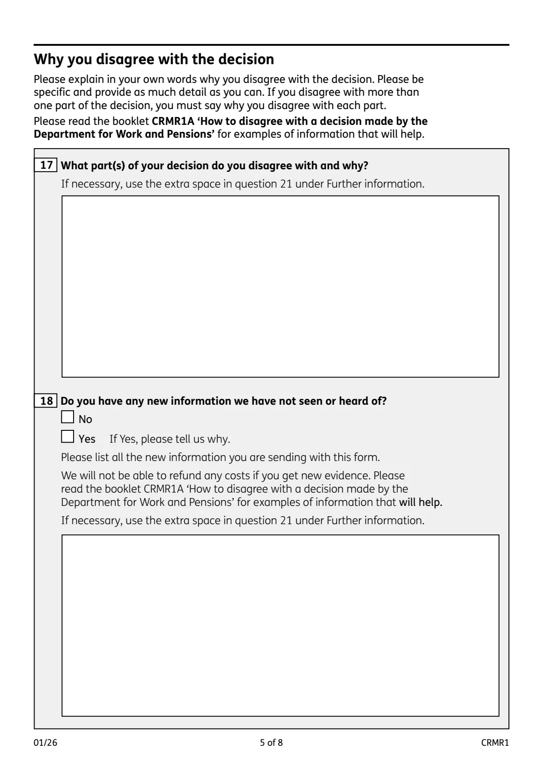 CRMR1 Mandatory reconsideration request (2026) If you disagree with a decision made by the Department for Work and Pensions (mandatory reconsideration request) — page 5 of 8