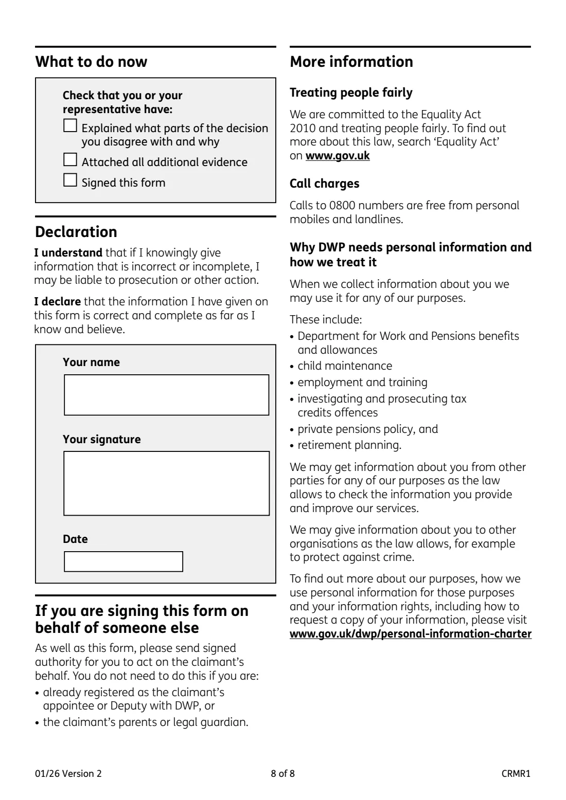 CRMR1 Mandatory reconsideration request (2026) If you disagree with a decision made by the Department for Work and Pensions (mandatory reconsideration request) — page 8 of 8