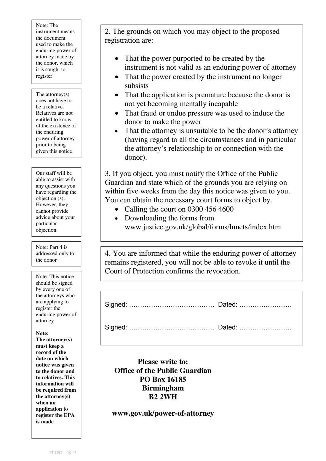 EP1PG Notice of intention to register an EPA (2013) Notice of intention to apply for registration of an Enduring Power of Attorney (EP1PG) — page 2 of 2