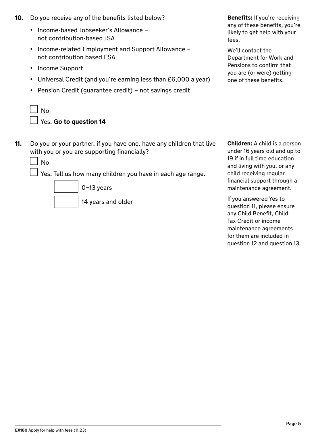 EX160 Help with fees (2023) Apply for help with fees (court and tribunal fees) — page 5 of 8