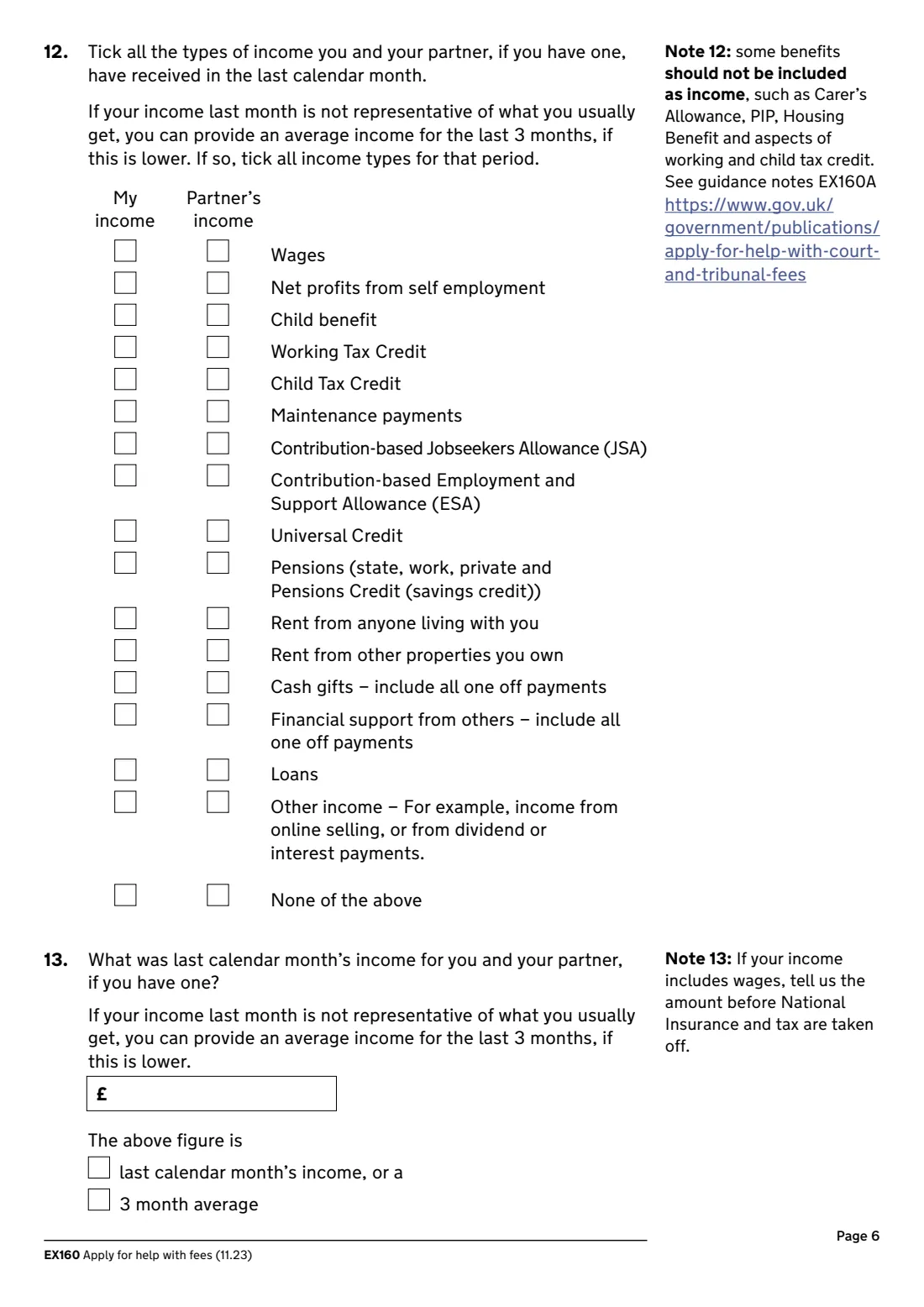 EX160 Help with fees (2023) Apply for help with fees (court and tribunal fees) — page 6 of 8