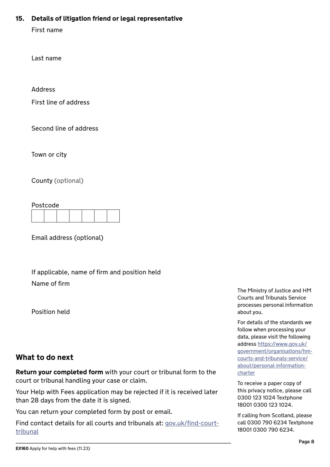 EX160 Help with fees (2023) Apply for help with fees (court and tribunal fees) — page 8 of 8