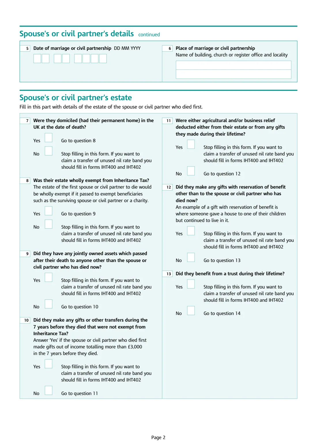 IHT217 unused nil rate band (excepted estates) (2021) Claim to transfer unused nil rate band for excepted estates (IHT217) — page 2 of 4