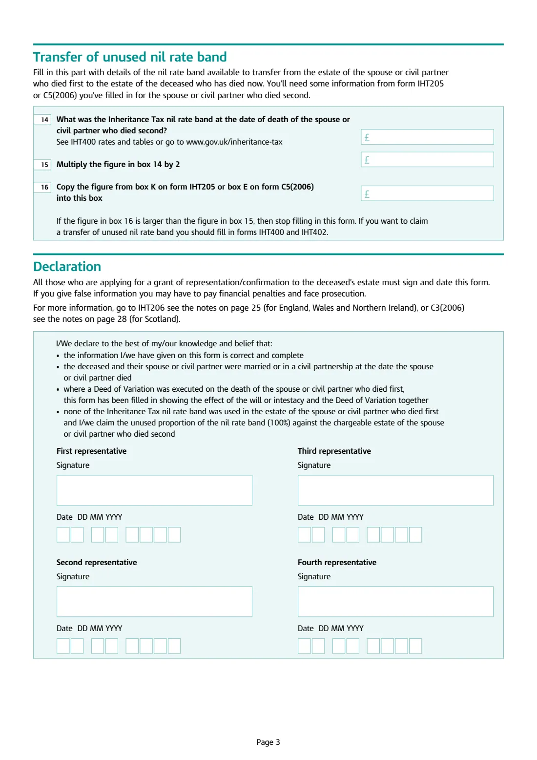 IHT217 unused nil rate band (excepted estates) (2021) Claim to transfer unused nil rate band for excepted estates (IHT217) — page 3 of 4