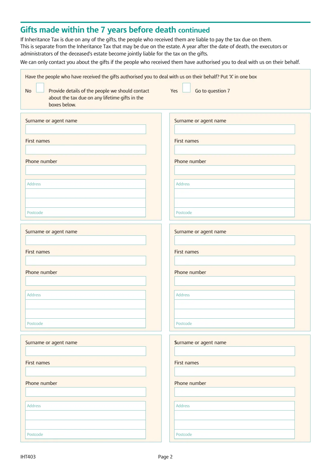 IHT403 gifts and transfers of value (2026) Inheritance Tax: Gifts and other transfers of value (Schedule IHT403) — page 2 of 8