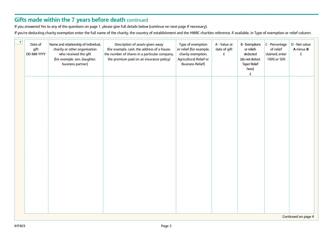 IHT403 gifts and transfers of value (2026) Inheritance Tax: Gifts and other transfers of value (Schedule IHT403) — page 3 of 8