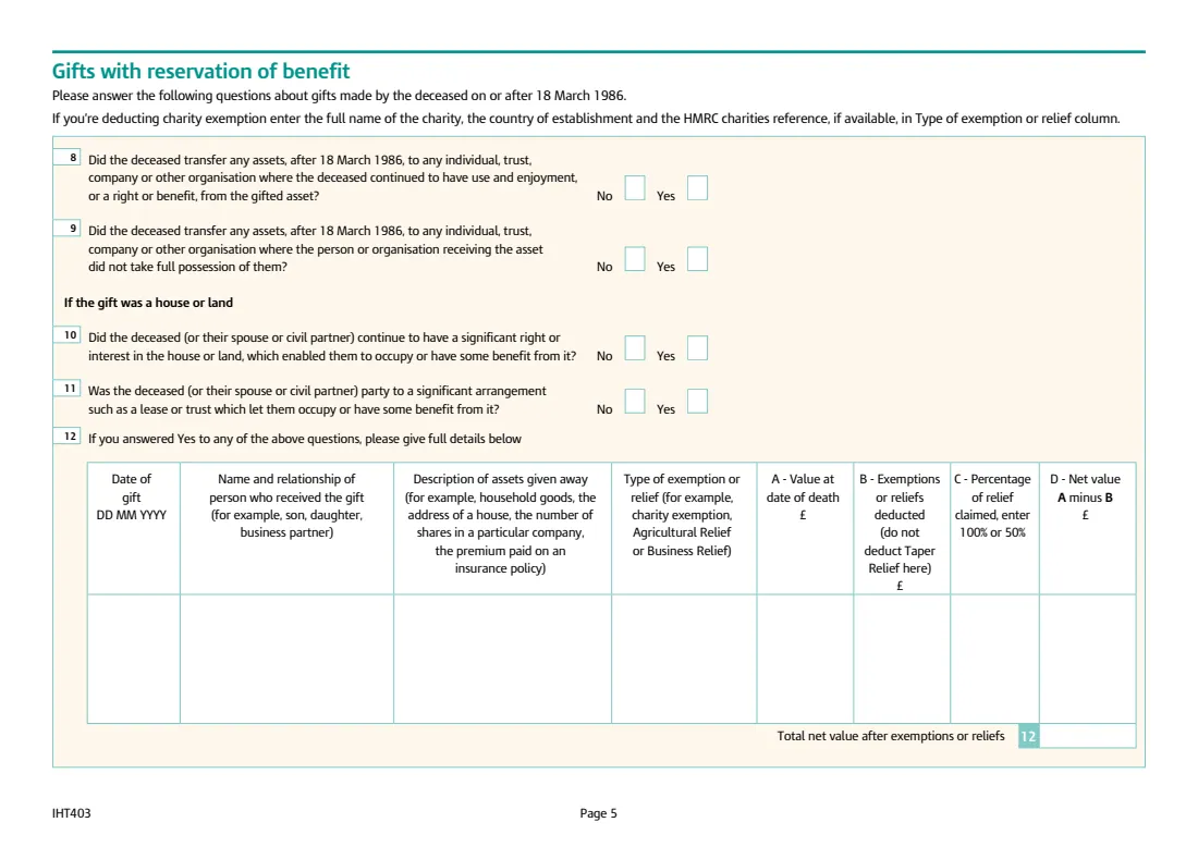 IHT403 gifts and transfers of value (2026) Inheritance Tax: Gifts and other transfers of value (Schedule IHT403) — page 5 of 8