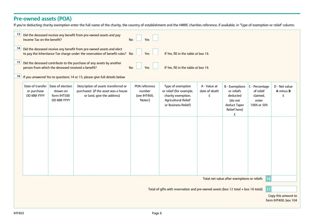 IHT403 gifts and transfers of value (2026) Inheritance Tax: Gifts and other transfers of value (Schedule IHT403) — page 6 of 8