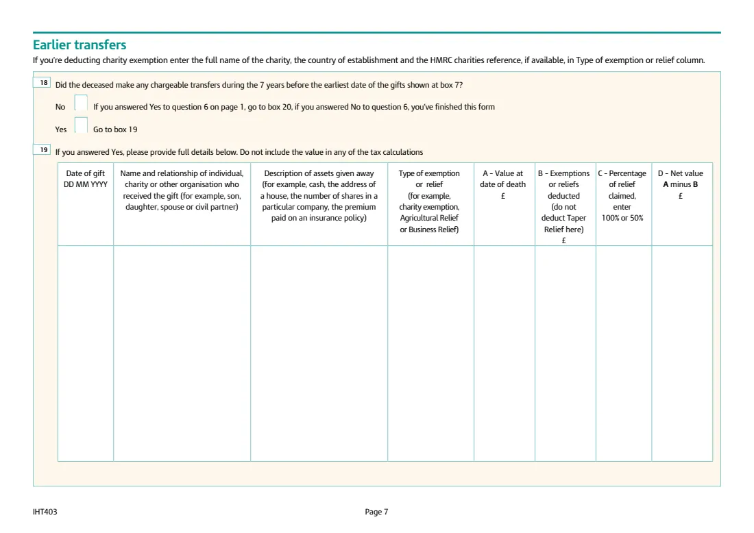 IHT403 gifts and transfers of value (2026) Inheritance Tax: Gifts and other transfers of value (Schedule IHT403) — page 7 of 8