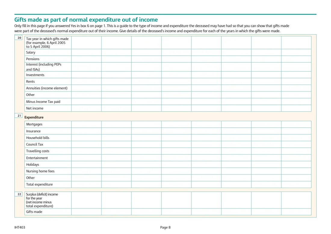 IHT403 gifts and transfers of value (2026) Inheritance Tax: Gifts and other transfers of value (Schedule IHT403) — page 8 of 8