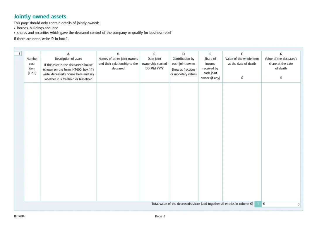 IHT404 jointly owned assets (2026) Inheritance Tax: Jointly owned assets (Schedule IHT404) — page 2 of 6